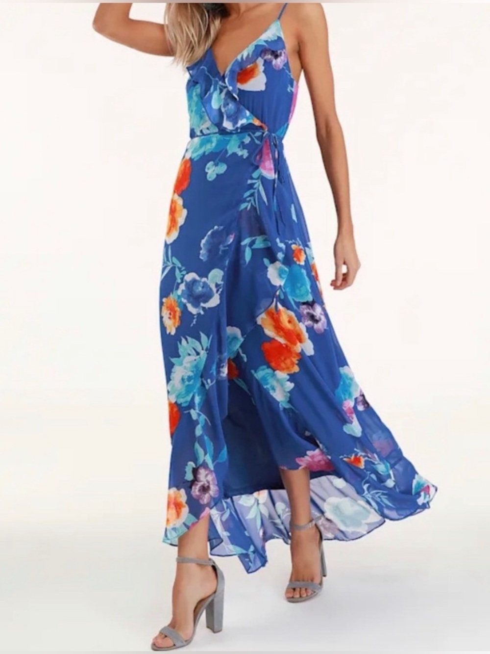NWT Lulu's Blue Floral High-Low Wrap Dress, Size Medium